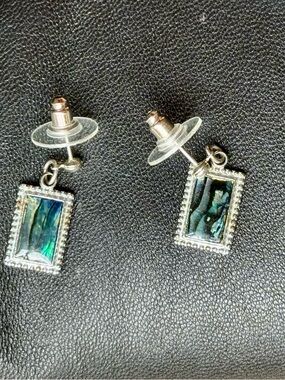 Silver Rectangular Abalone Drop Earrings - Blue Green